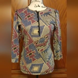 Lauren, NWOT, M, Aztec print button up, 3/4 sleeve, soft knit, purple & blue top